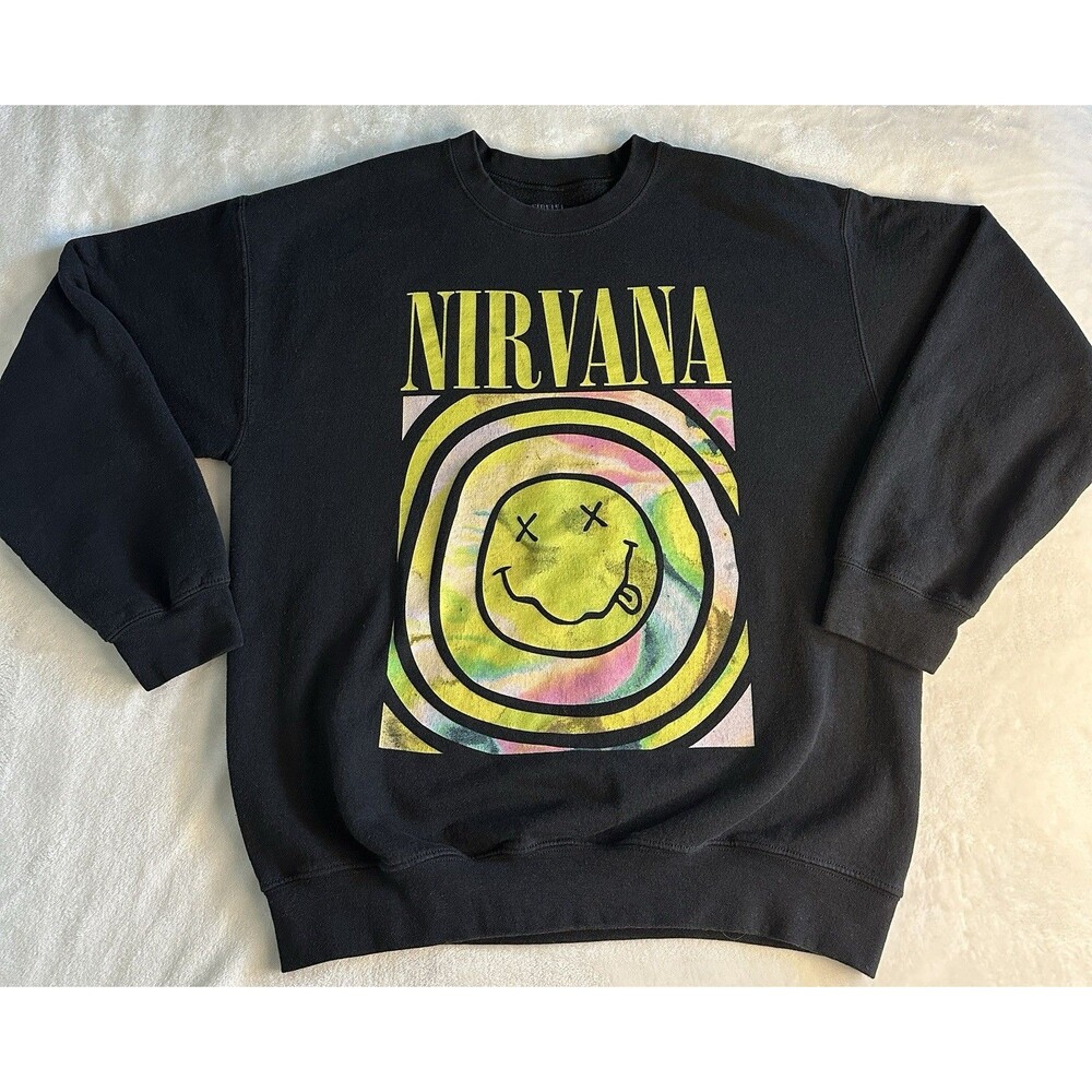 Urban Outfitters Nirvana Overdyed Smile Crewneck Sweatshirt Large Black Grunge